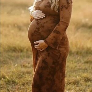 Chic Brown Floral Midi Dress (Maternity)